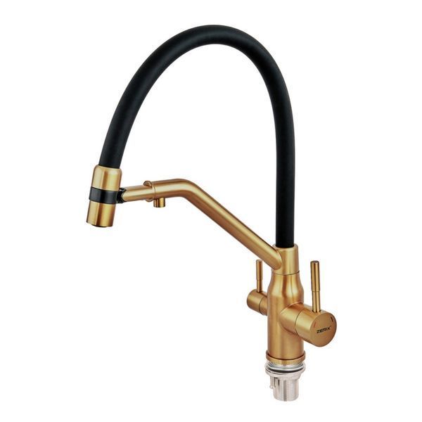 Змішувач для кухні з силіконовим виливом Zerix MAG-021 Brushed Gold Refl.Black з нерж. сталі SUS304 з виходом для пит.води (ZX6007) ZX6007 фото