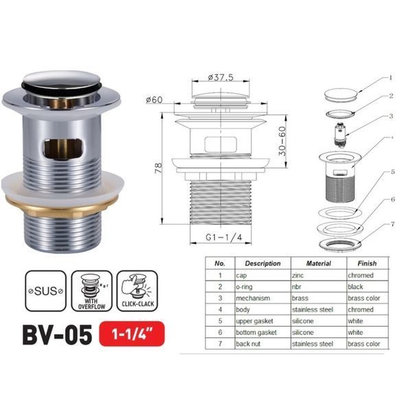 Донний клапан для раковини Zerix BV-05 1 1/4'' з переливом автоматичний СLICK-СLACK (Колір хром) (ZX6022) ZX6022 фото